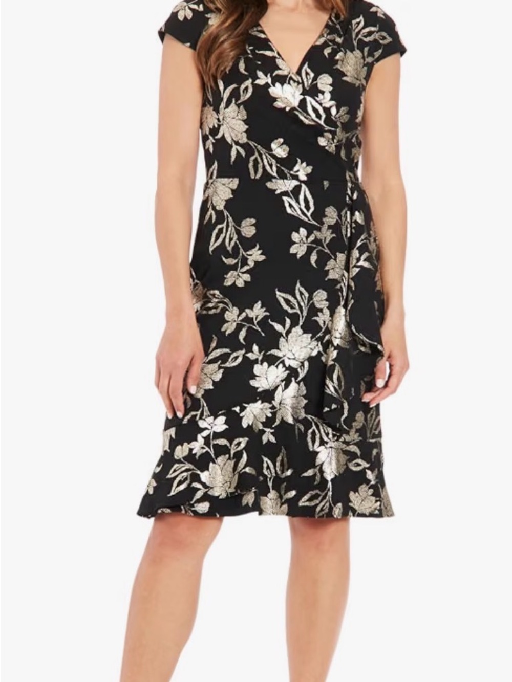 London Times Black & Metallic Gold Floral Ruffle Dress – Size 14 – NWT